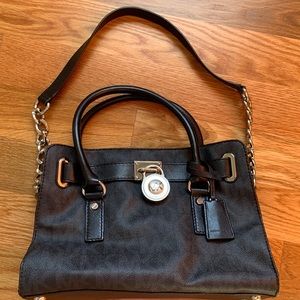 Michael Kors Hamilton Black Monogram Leather Padlock Key Chain Shoulder Bag